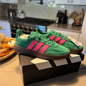 Adidas Barreda Decode Green Suede Sneakers with Hot Pink Stripes